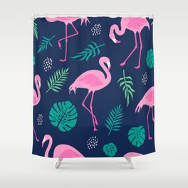 Pink flamingos and tropical palm leaves seamless pattern Shower Curtain