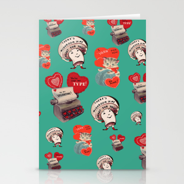 Cheesy Vintage Valentine\u2019s Day Card Pattern on Teal Stationery Cards by attic_salt