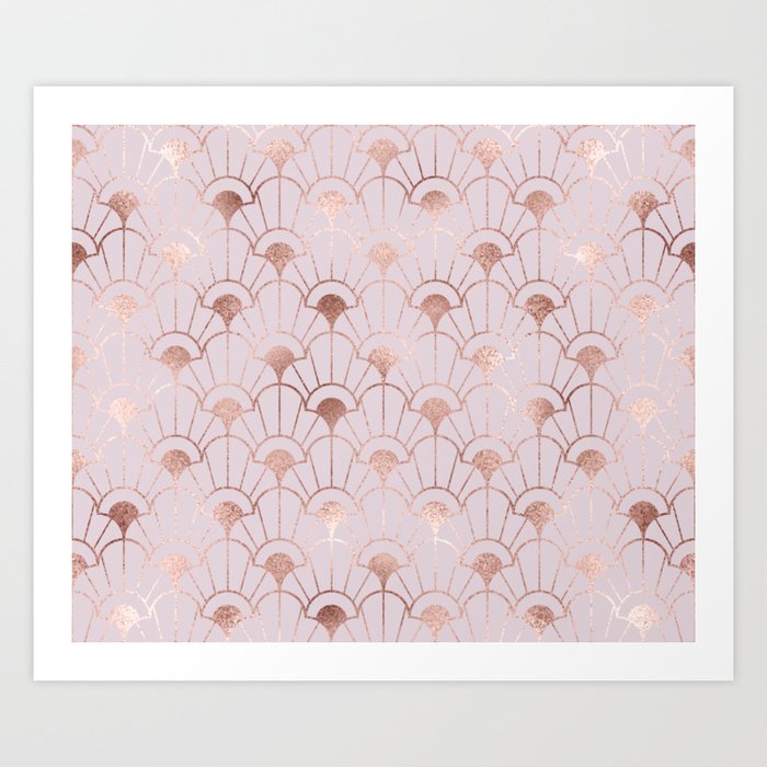 Art deco illustration pattern with rose gold decorative flowers shapes. Abstract geometric crisscross. Golden pink luxury illustration. Vintage Art