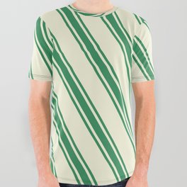 [ Thumbnail: Beige & Sea Green Colored Stripes Pattern All Over Graphic Tee ]