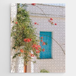 Greek Street Scene | Blue Shutter Still Live | Red Flowers | Mediterranean Setting Landscape Jigsaw Puzzle