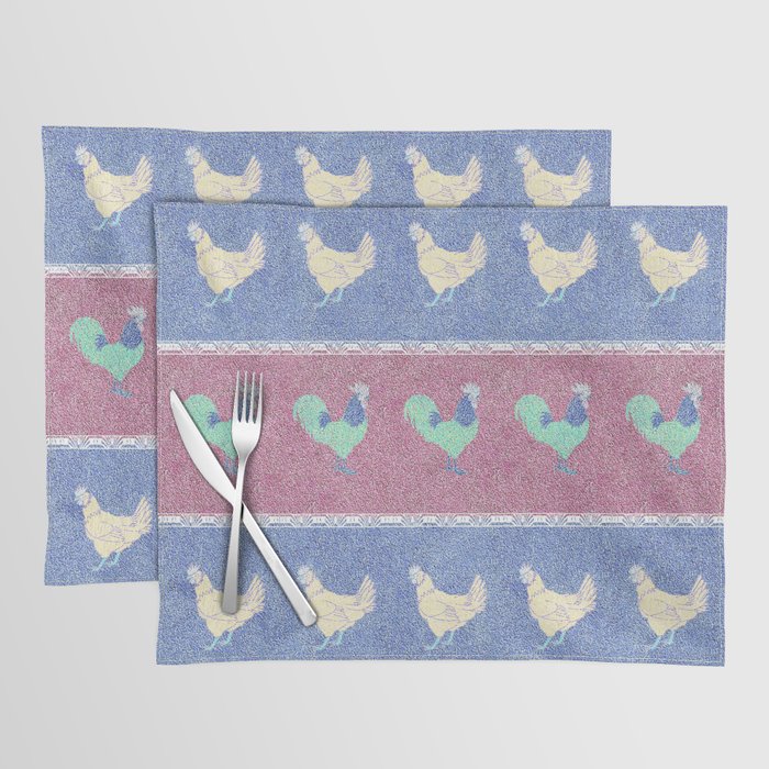 Patriotic Rooster and Chicken on Red and Blue Stripes Placemat