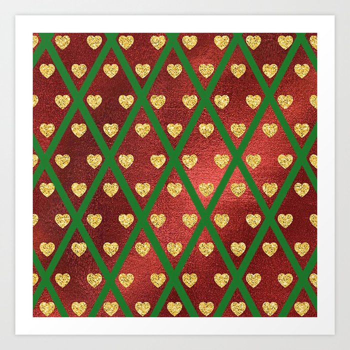 Gold Hearts on a Red Shiny Background with Green Crisscross Lines  Art Print