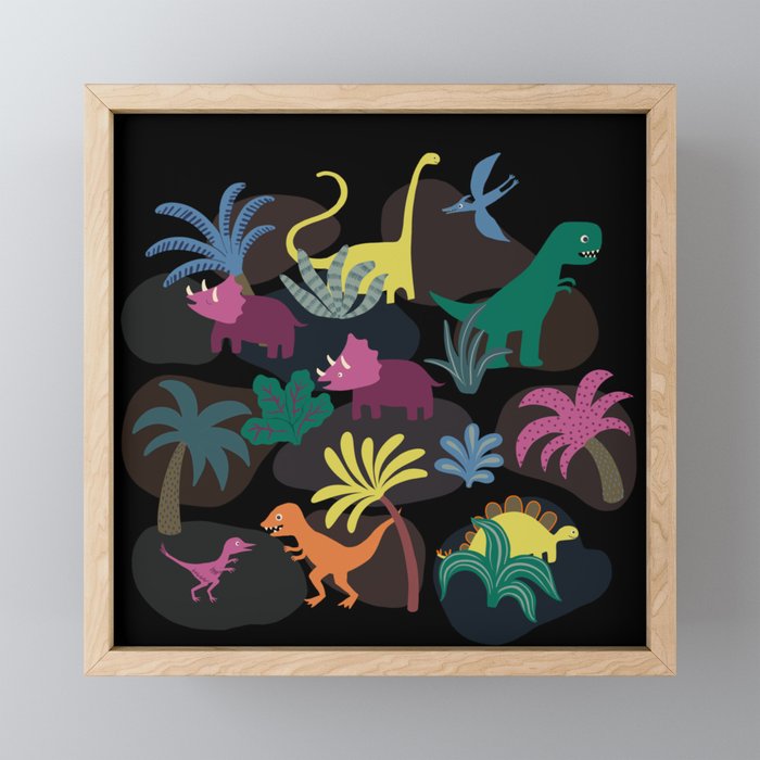 Dinosaur Jungle - Sunshine Brights - cute Dino pattern by Cecca Designs Framed Mini Art Print