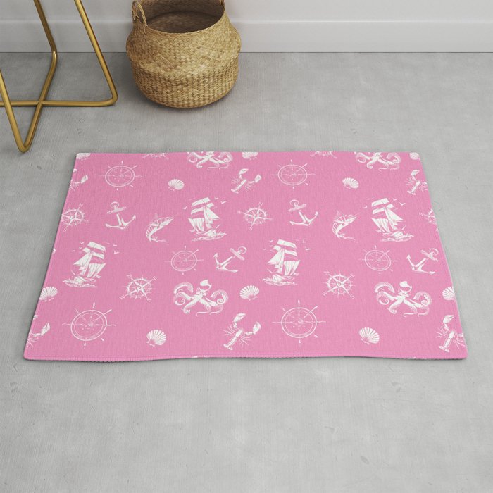 Pink And White Silhouettes Of Vintage Nautical Pattern Rug