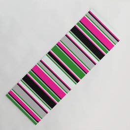 [ Thumbnail: Eyecatching Grey, Forest Green, Mint Cream, Deep Pink, and Black Colored Pattern of Stripes Yoga Mat ]