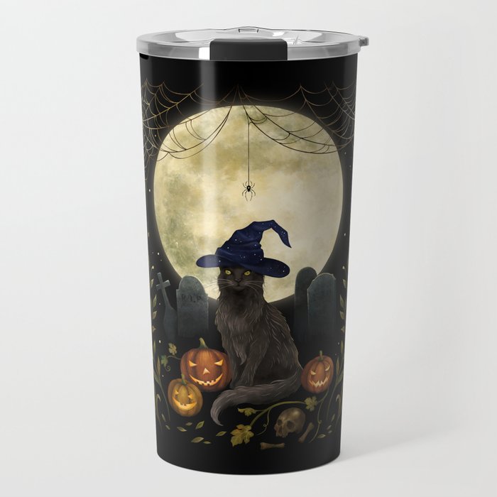 The Black Cat on Halloween Night Travel Mug