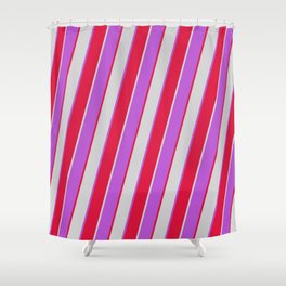 [ Thumbnail: Orchid, Crimson, and Light Grey Colored Stripes/Lines Pattern Shower Curtain ]