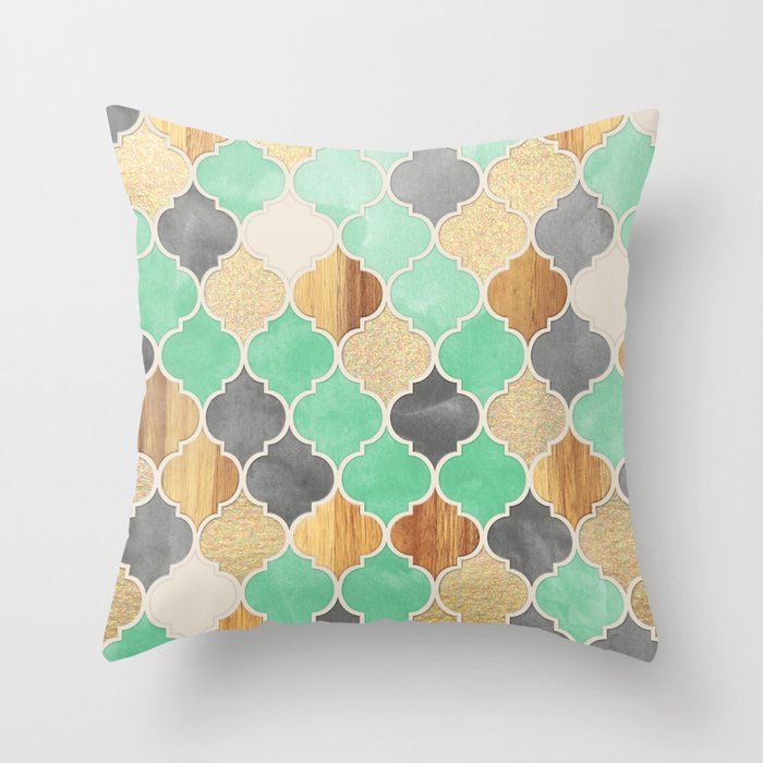 Charcoal, Mint, Wood & Gold Moroccan Pattern Throw Pillow