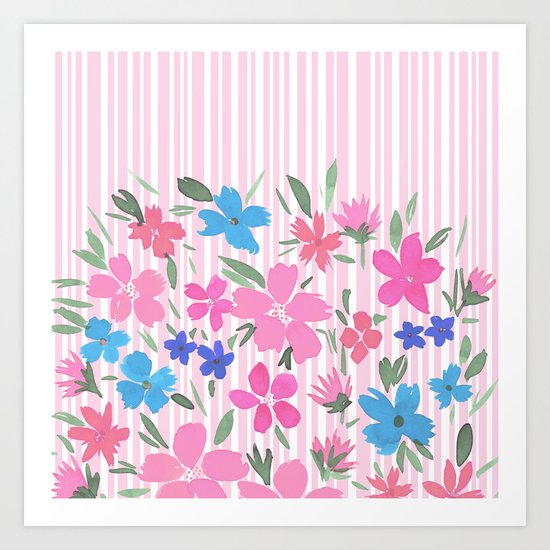 Floral Spring and Stripes Pink Art Print
