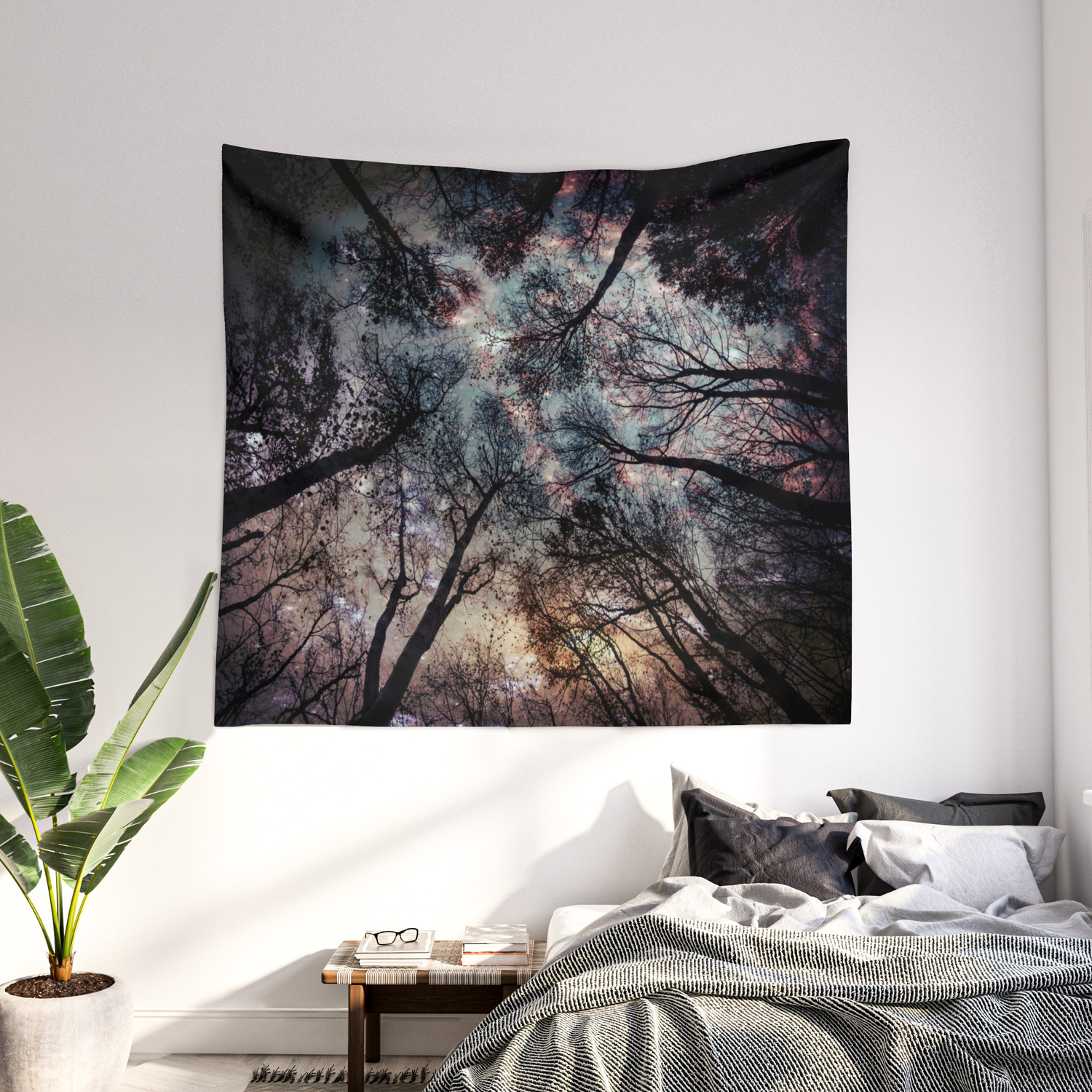 Forest Tapestry Starry Sky Wall Hanging Trees Stars Bedspread Throw Home Decor