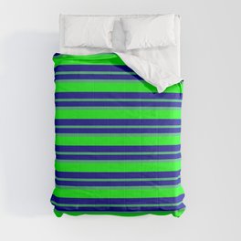 [ Thumbnail: Dark Blue, Sea Green & Lime Colored Lined/Striped Pattern Comforter ]