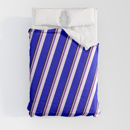 [ Thumbnail: Colorful Grey, Dark Violet, White, Blue & Black Colored Stripes Pattern Comforter ]