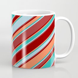 [ Thumbnail: Light Sea Green, Light Blue, Brown, Dark Red & Coral Colored Stripes/Lines Pattern Coffee Mug ]