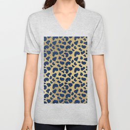 Hipster Girly Gold Navy Blue Glitter Cheetah Animal Print V Neck T Shirt