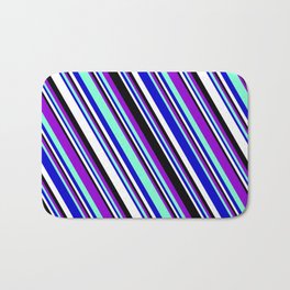 [ Thumbnail: Vibrant Dark Violet, Aquamarine, Blue, White, and Black Colored Striped/Lined Pattern Bath Mat ]
