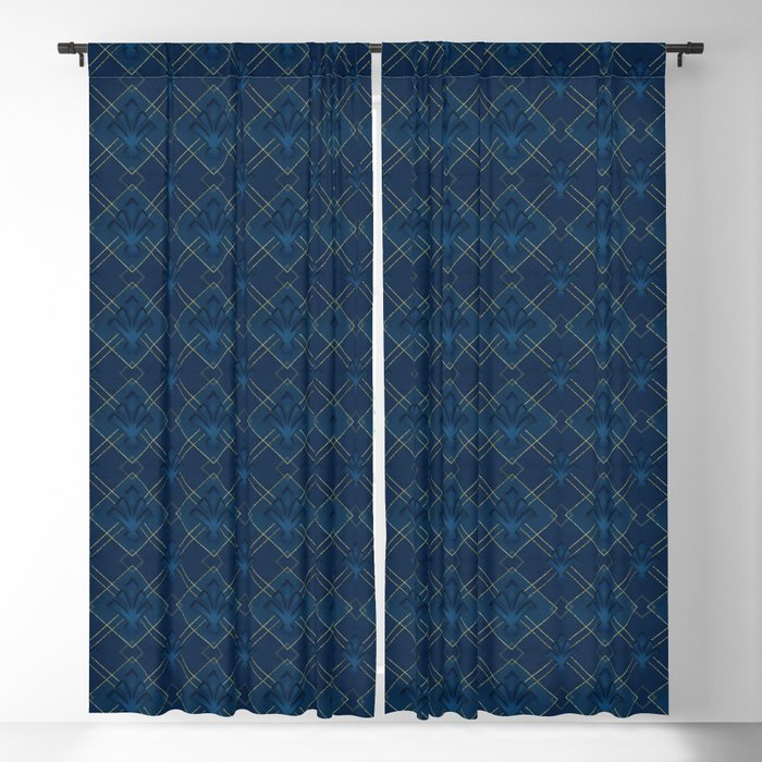 Elegant Retro Mid Century Dark Blue And Gold Art Deco Pattern Blackout Curtain