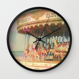 Circling Horses Wall Clock | Color, Horses, Carnival, Curated, Pink, Beach, Blue, Nursery Art, Pastel Colours, Kids Art 