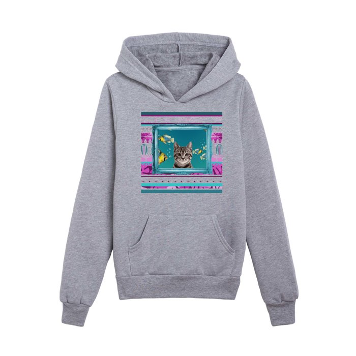 Turquoise Frame - Tropic Fishes & Tiger Cat Kids Pullover Hoodie