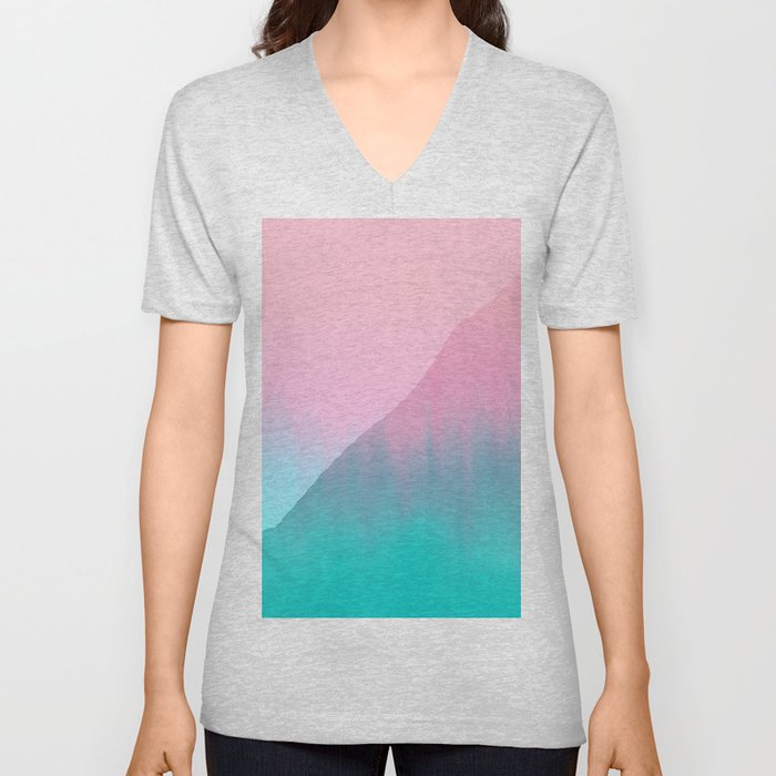 Abstract teal pink aqua geometrical brushstrokes V Neck T Shirt