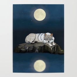 Sleeping wolf by the lake under the full moon Poster