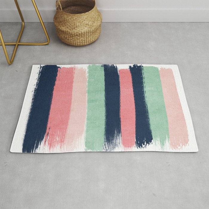 Painted Stripe Stripes Mint Navy Pink Modern Color Palette Painterly Minimalist Nursery Art Rug By Charlottewinter Society6