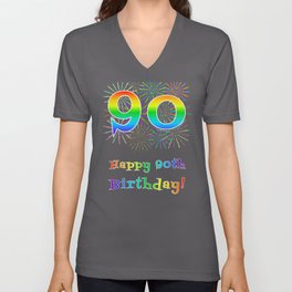 [ Thumbnail: 90th Birthday - Fun Rainbow Spectrum Gradient Pattern Text, Bursting Fireworks Inspired Background V Neck T Shirt V-Neck T-Shirt ]