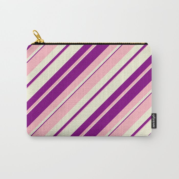 Light Pink, Beige, and Purple Colored Lined/Striped Pattern Carry-All Pouch