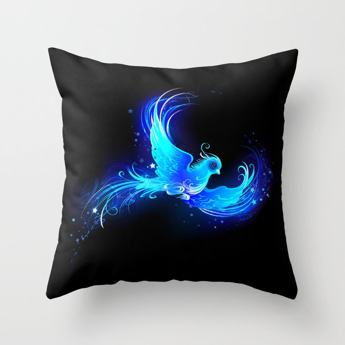 Blue Flame Bird Phoenix Throw Pillow