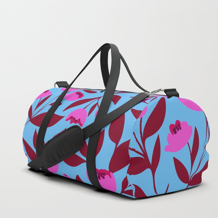 Bright pink peony flowers on blue Duffle Bag