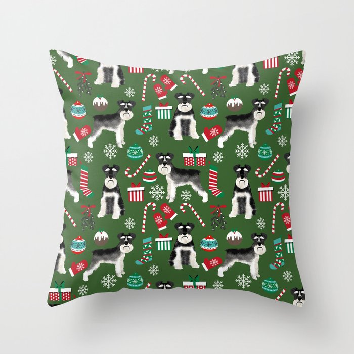 Black and silver schnauzer christmas print holiday xmas design Throw Pillow