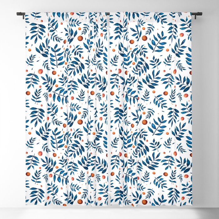 Leaves and Dots pattern in blue and orange Blackout Curtain