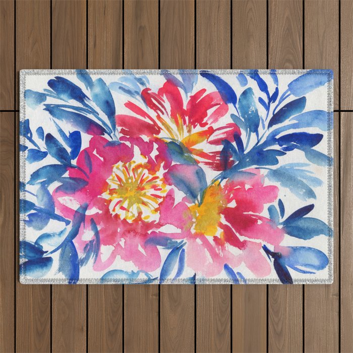 full bloom: pink and blue Outdoor Rug