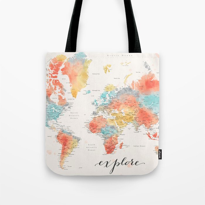 "Explore" - Colorful watercolor world map with cities Tote Bag