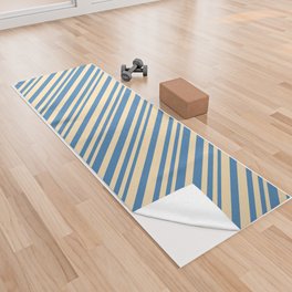 [ Thumbnail: Beige & Blue Colored Lined/Striped Pattern Yoga Towel ]