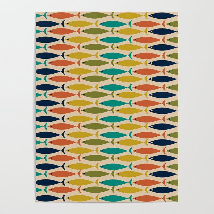  Midcentury Modern Multicolor Fish Stripes Pattern in Olive, Mustard, Orange, Teal, Beige Poster