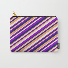 [ Thumbnail: Dark Violet, Midnight Blue, Brown, and Beige Colored Striped Pattern Carry-All Pouch ]