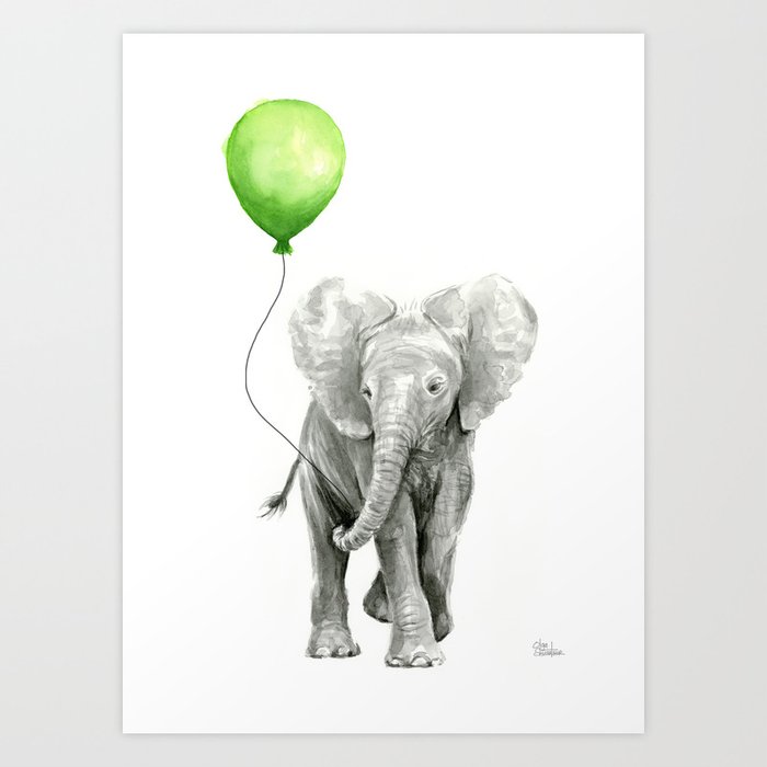 Baby Elephant with Green Balloon Art Print