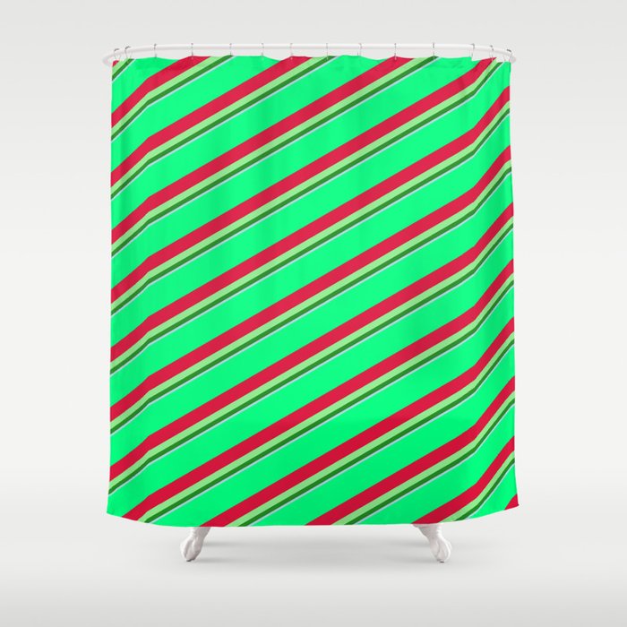 Vibrant Green, Crimson, Light Green, Forest Green & Light Blue Colored Striped/Lined Pattern Shower Curtain