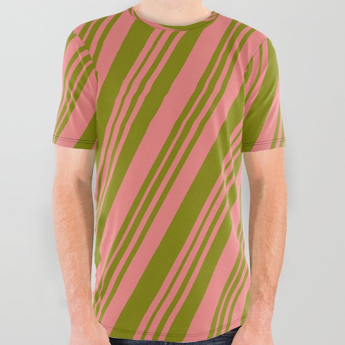 Light Coral & Green Colored Striped/Lined Pattern All Over Graphic Tee