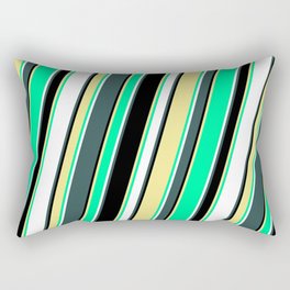 [ Thumbnail: Dark Slate Gray, Black, Tan, Green, and White Colored Lines Pattern Rectangular Pillow ]