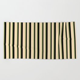 [ Thumbnail: Dark Olive Green, Tan & Black Colored Striped Pattern Beach Towel ]