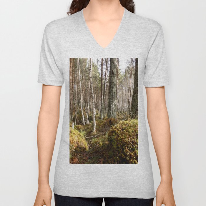 Birch Trees with Pine Trees in a Scottish Highlands Forest V Neck T Shirt