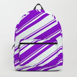 [ Thumbnail: Dark Violet and Mint Cream Colored Pattern of Stripes Backpack ]