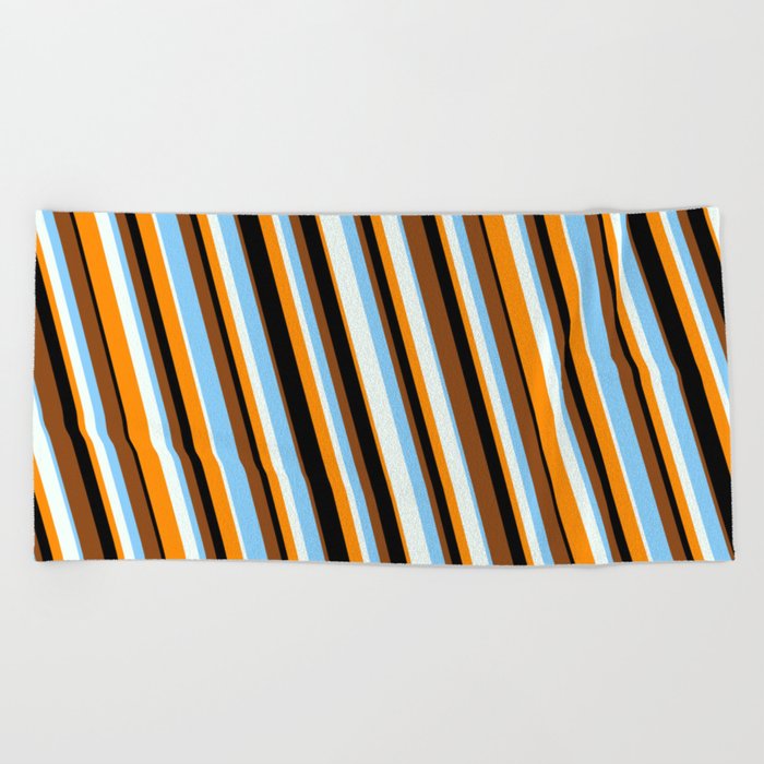 Vibrant Brown, Light Sky Blue, Mint Cream, Dark Orange & Black Colored Stripes/Lines Pattern Beach Towel