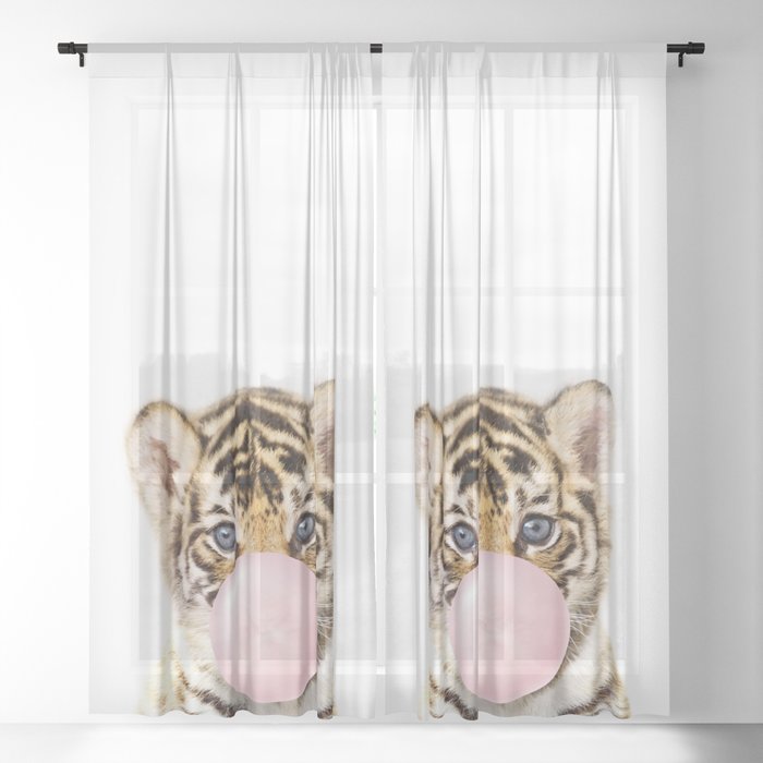 Baby Tiger Blowing Bubble Gum, Pink Nursery, Baby Animals Art Print by Synplus Sheer Curtain