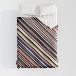 [ Thumbnail: Colorful Dim Grey, Light Salmon, Midnight Blue, Light Yellow & Black Colored Lines Pattern Duvet Cover ]