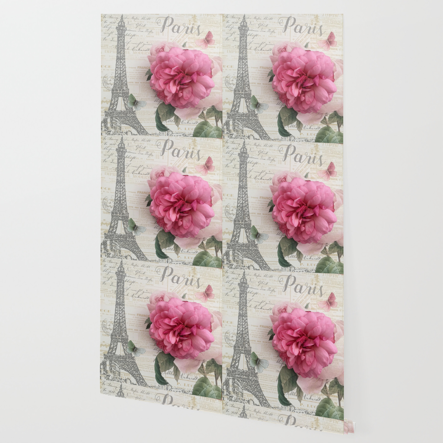 Paris Pink Rose Eiffel Tower Typography Shabby Chic Cottage Decor