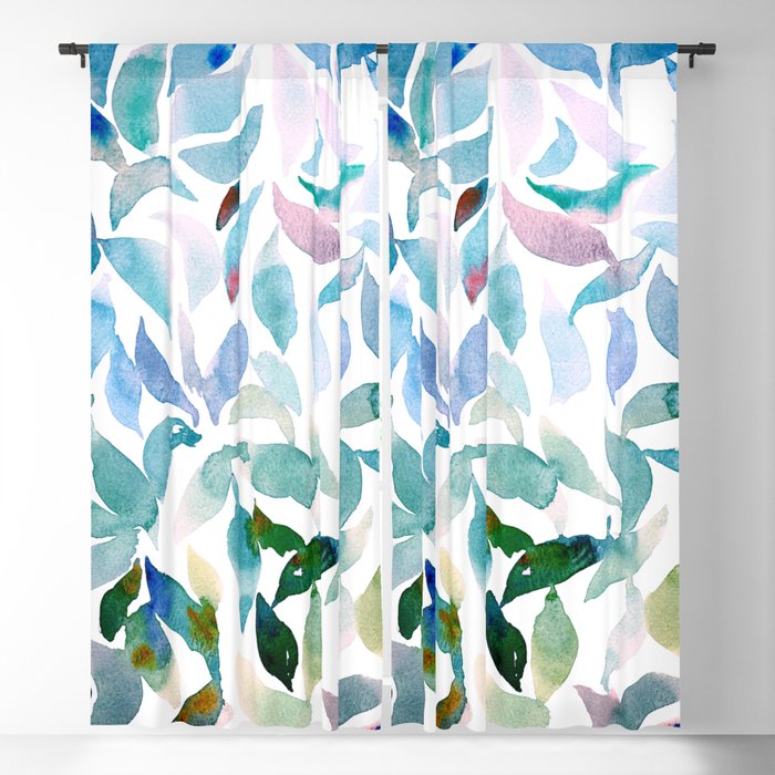 Loose Watercolor Leaves - Blue Blackout Curtain