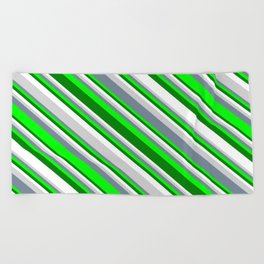 [ Thumbnail: Eyecatching Light Gray, Light Slate Gray, Lime, Green, and White Colored Striped Pattern Beach Towel ]